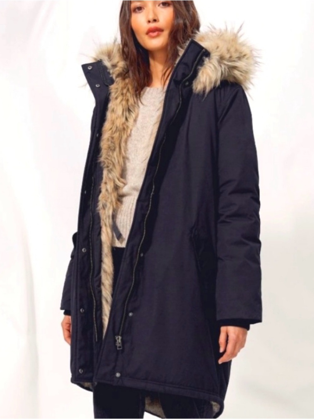 Wilfred Black Parka with Tan and Gray Faux Fur Trim